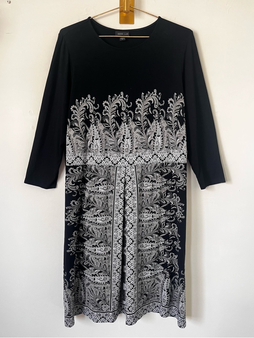 J. Jill Black and White neutral Paisley-Print 3/4 Sleeve Dress size M